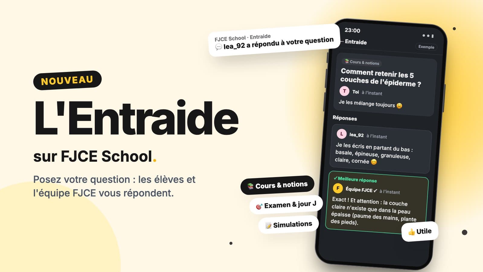 L'Entraide sur FJCE School : une question d'élève sur les couches de l'épiderme, la réponse d'une autre élève et celle de l'équipe FJCE, choisie comme meilleure réponse